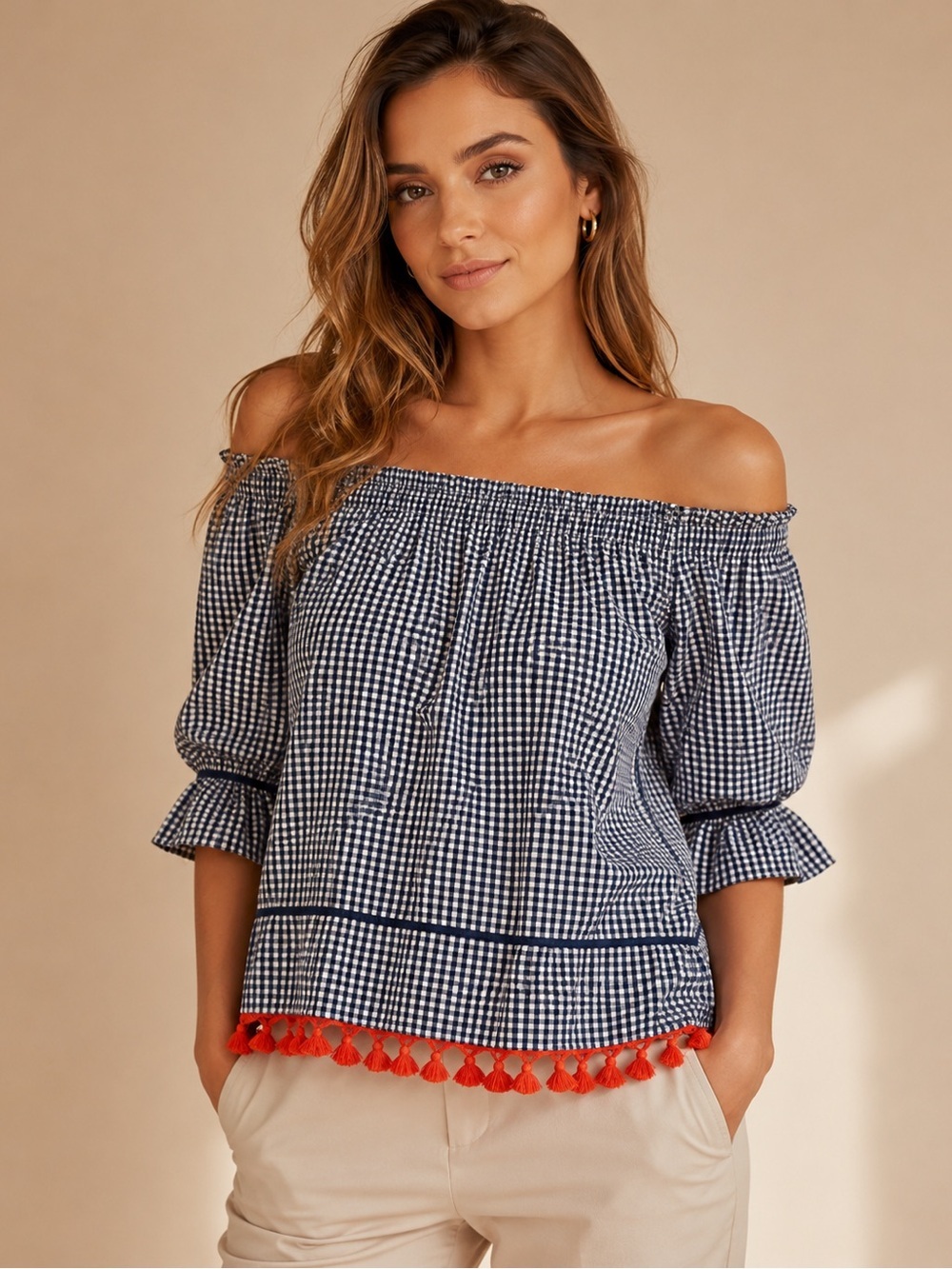 Cremieux Blue Gingham Off Shoulder Tassel Blouse Small | Coastal Cottagecore